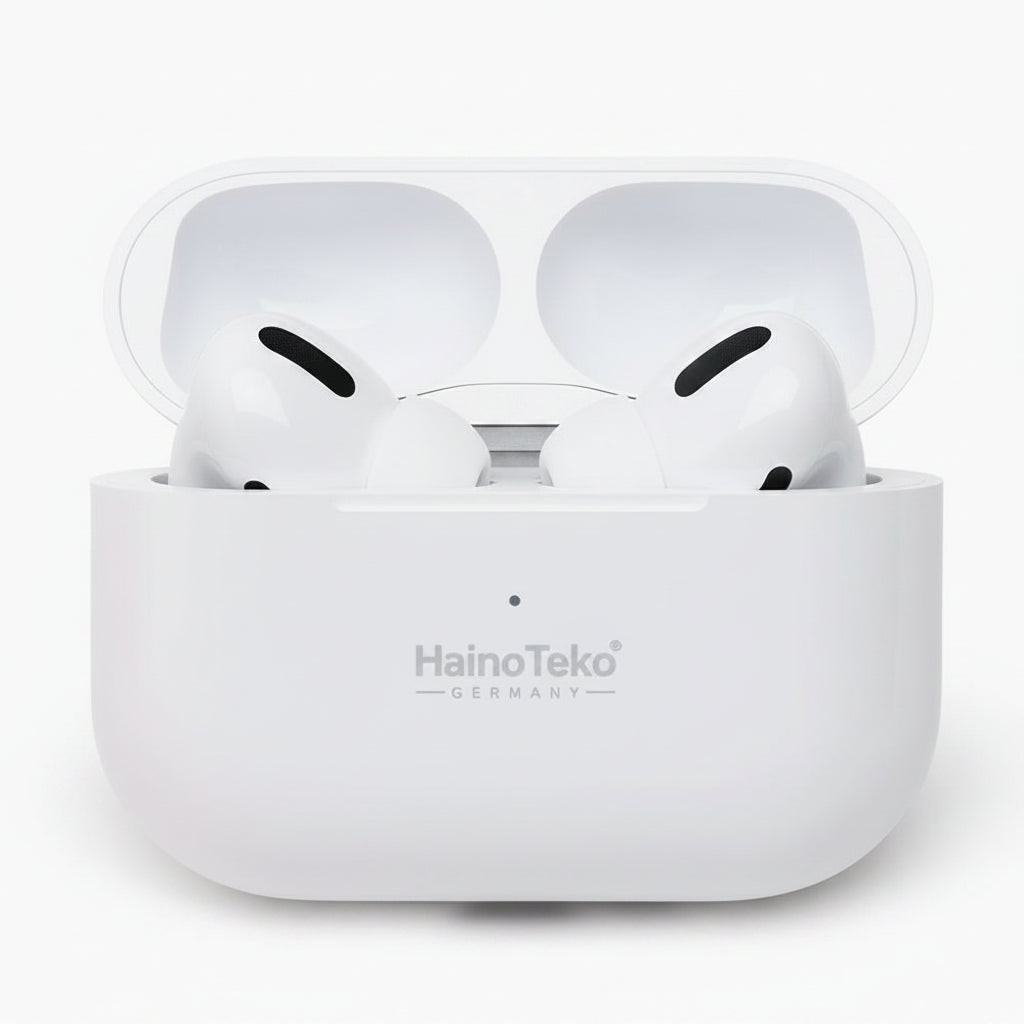 White wireless earbuds in an open charging case with the HainoTeko brand name printed on the front, set against a plain light gray background.