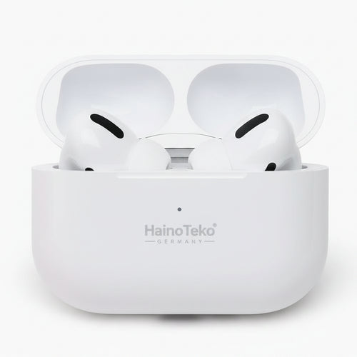 White wireless earbuds in an open charging case with the HainoTeko brand name printed on the front, set against a plain light gray background.